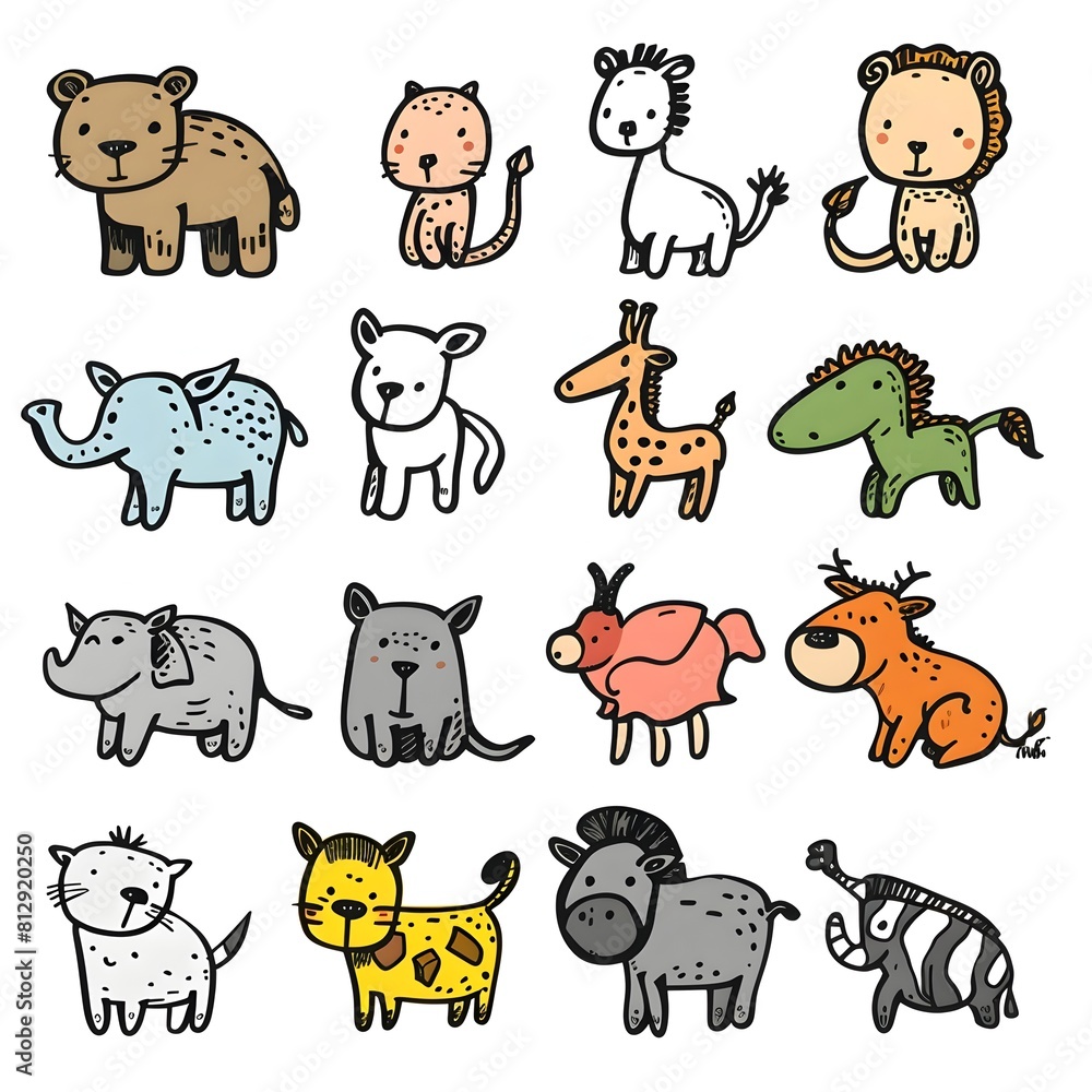 Fototapeta premium Adorable Doodle Animal Icons Illustrated in Graphic Style