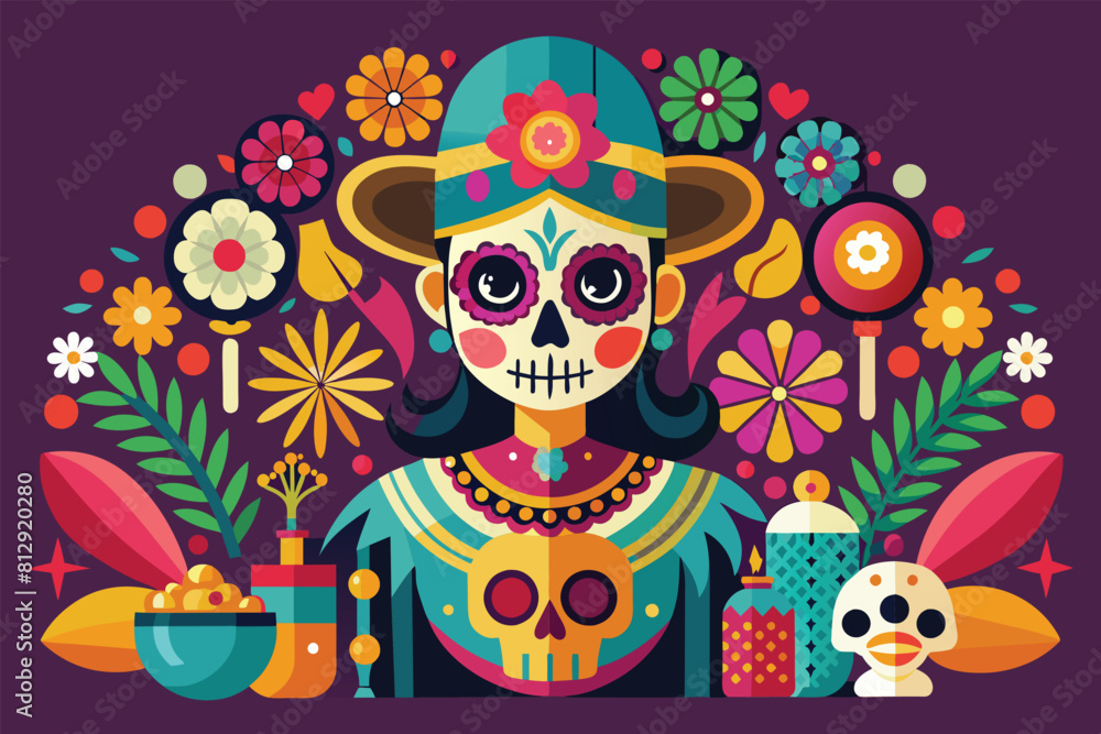 A woman holding a skull in her hand during a Dia de Muertos celebration, Dia de muertos celebration Customizable Disproportionate Illustration A woman holding a skull in her hand during a Dia de Muertos celebration, Dia de muertos celebration Customizable Disproportionate Illustration