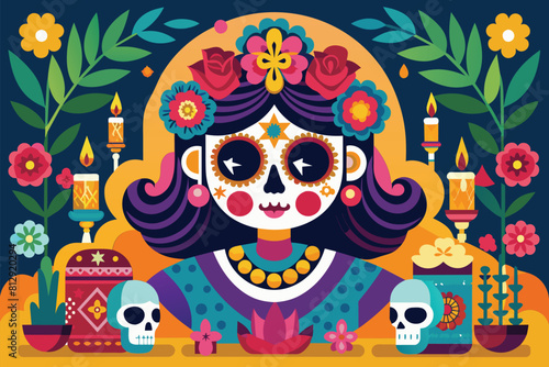A woman with intricate sugar skulls painted on her face, celebrating dia de muertos, Dia de muertos celebration Customizable Flat Illustration
