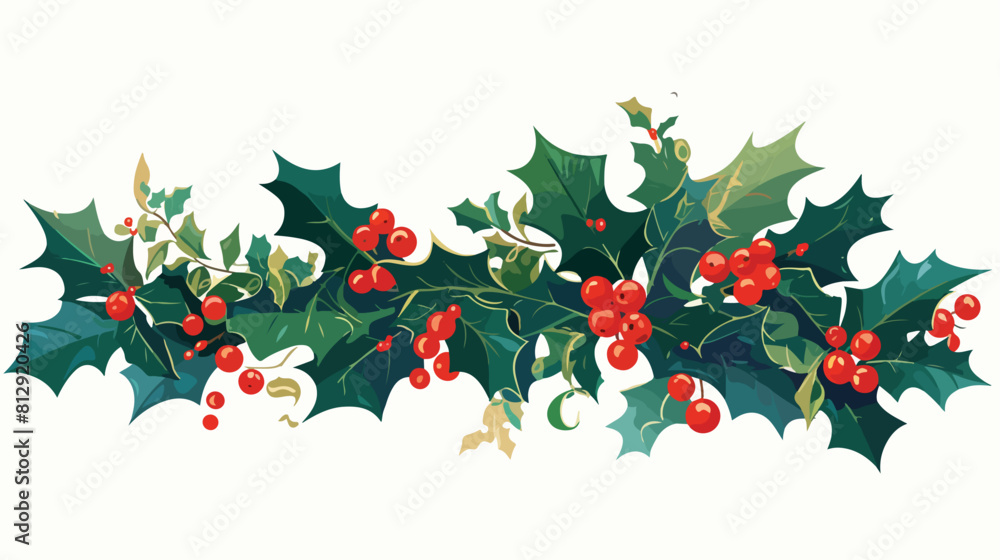 Holly berries and leaves border isolated on white b