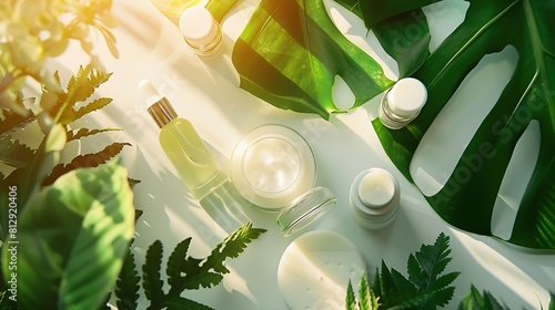 Creative layout of cosmetic skin care products body lotion  face creme essencial oil serum on green leaves as background top view Natural eco beauty and organic green skin care concept : Generative AI photo