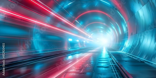 Exploring a Futuristic Cyber Tunnel with Neon Lights, Red Laser Beams, and Spaceship Aesthetics. Concept Futuristic Cyber Tunnel, Neon Lights, Red Laser Beams, Spaceship Aesthetics, Exploration © Anastasiia