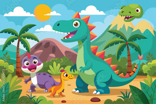 A group of dinosaurs roam through the dense jungle foliage  Dinosaurs Customizable Cartoon Illustration