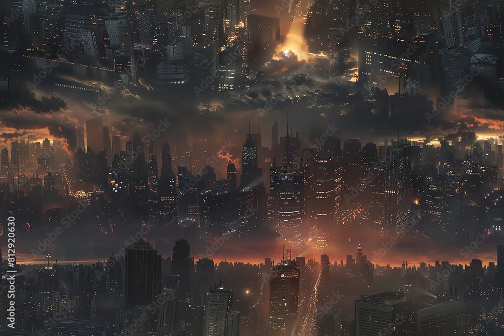 Produce a CG 3D rendering of a sprawling metropolis in a dystopian setting Produce a CG 3D rendering of a sprawling metropolis in a dystopian setting