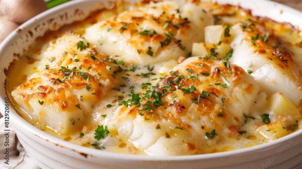 Scalloped potatoes with melted cheese and herbs, oven-baked in a casserole dish and ready to enjoy as a comforting meal Scalloped potatoes with melted cheese and herbs, oven-baked in a casserole dish and ready to enjoy as a comforting meal
