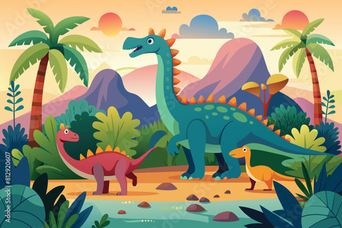 A group of dinosaurs moves through the dense foliage of a jungle  Dinosaurs Customizable Semi Flat Illustration