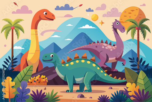 Several dinosaurs roam through dense jungle vegetation  Dinosaurs Customizable Semi Flat Illustration