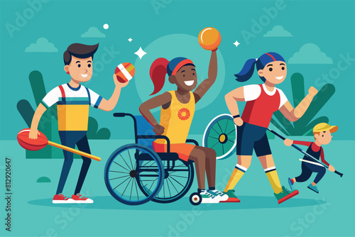 A group of people in wheelchairs actively playing basketball on a court, Disabled athletes Customizable Disproportionate Illustration