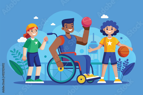 A man and a woman in wheelchairs holding a basketball, Disabled athletes Customizable Disproportionate Illustration