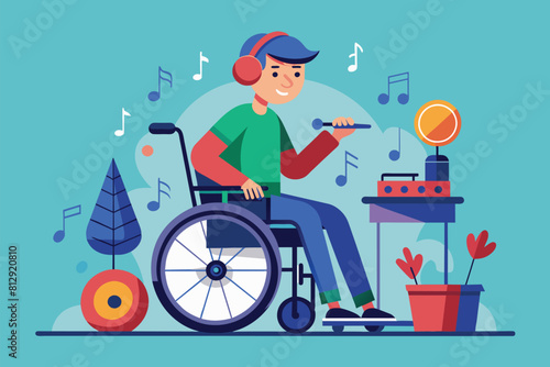 A man in a wheelchair wearing headphones, Disabled musician Customizable Disproportionate Illustration