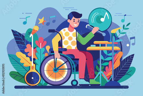 Wallpaper Mural A man in a wheelchair surrounded by various musical instruments, showcasing his passion for music despite physical challenges, Disabled musician Customizable Semi Flat Illustration Torontodigital.ca
