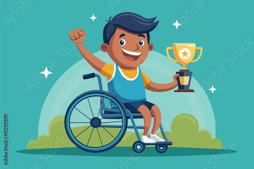 A man in a wheelchair proudly holds a trophy, symbolizing victory and achievement, Disabled winner Customizable Cartoon Illustration