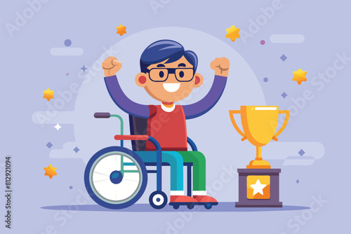 A man in a wheelchair proudly holds a trophy, celebrating his victory, Disabled winner Customizable Disproportionate Illustration