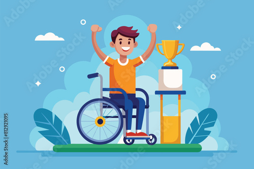 A disabled man in a wheelchair proudly holds a trophy in a customizable flat illustration, Disabled winner Customizable Flat Illustration