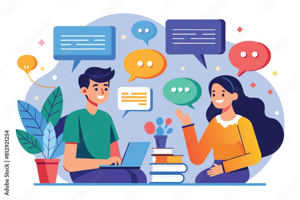 A man and a woman are seated at a table, engaged in discussion while using a laptop, Discussion Customizable Disproportionate Illustration A man and a woman are seated at a table, engaged in discussion while using a laptop, Discussion Customizable Disproportionate Illustration