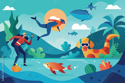 A man in a wet suit is diving into the ocean, Diving with animals Customizable Semi Flat Illustration