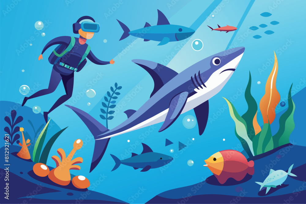 Fototapeta premium A man wearing scuba gear swims with a shark in the ocean, showcasing an adventurous underwater encounter, Diving with sharks Customizable Flat Illustration