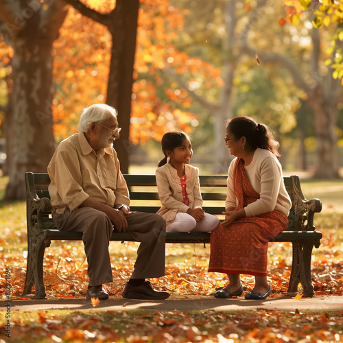 Elderly couple chats with a young girl in a park, Autumn leaves fall. © stefanholm