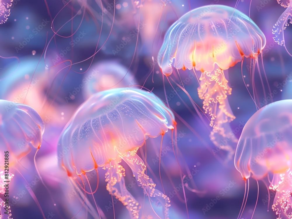 Capture luminescent jellyfish dancing in a dreamy, underwater ballet Utilize soft pastel strokes to depict a surreal, ethereal world beneath the surface Capture luminescent jellyfish dancing in a dreamy, underwater ballet Utilize soft pastel strokes to depict a surreal, ethereal world beneath the surface