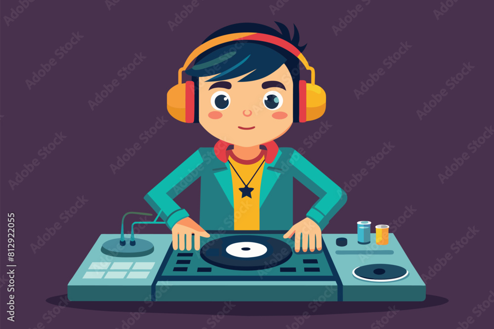 A person wearing headphones is playing music on a turntable, Dj boy Customizable Semi Flat Illustration A person wearing headphones is playing music on a turntable, Dj boy Customizable Semi Flat Illustration