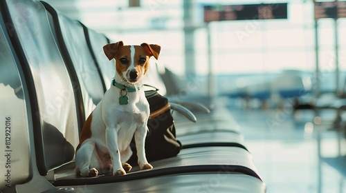 holiday vacation jack russell dog waiting in airport terminal ready to board the airplane or plane at the gate luggage or bag to the side : Generative AI