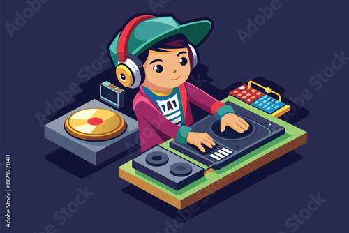 A man wearing headphones is DJing with a turntable, Dj boy Customizable Isometric Illustration photo