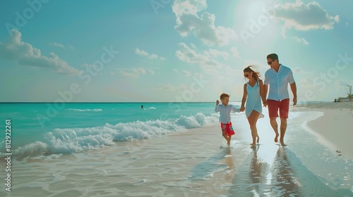 Family beach and happy in cancun vacation in summer with smile laugh and love together walking on the sand Laugh bonding and chasing joy while men women and kids playing on holiday tra : Generative AI photo
