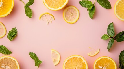 Citrus slices and mint herbs frame on retro pastel pink background with copyspace from above Top view of lemon and orange frame design banner : Generative AI
