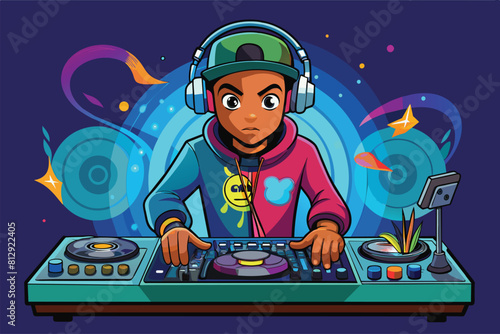 A man wearing headphones is spinning music on a turntable in a DJ party setting, Dj party Customizable Cartoon Illustration