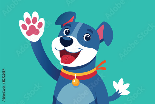 A blue dog with a red collar is happily waving its paw in the air, Dog high five Customizable Disproportionate Illustration