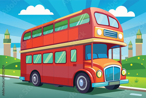 A red double decker bus is seen driving down a bustling city street  surrounded by buildings and pedestrians  Double decker bus Customizable Cartoon Illustration