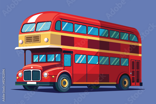 A red double decker bus is parked on a blue background, Double decker bus Customizable Disproportionate Illustration