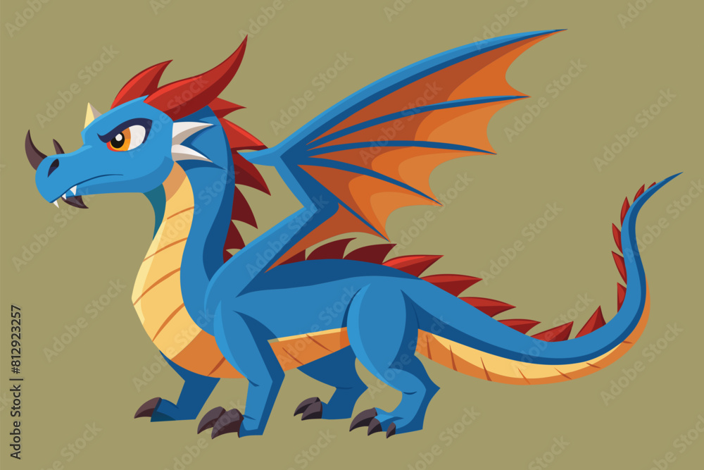 A customizable semi-flat illustration of a dragon with blue and orange scales and striking red wings, Dragon Customizable Semi Flat Illustration A customizable semi-flat illustration of a dragon with blue and orange scales and striking red wings, Dragon Customizable Semi Flat Illustration