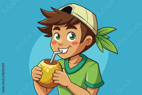 A boy is actively drinking a beverage through a straw, Drinking coconut Customizable Cartoon Illustration