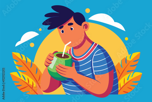 A man holding a drink with a straw in his hand, Drinking coconut Customizable Disproportionate Illustration