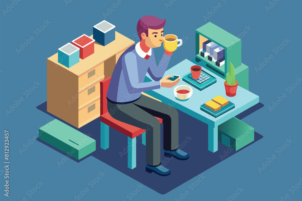 A man seated at a desk, holding a cup of coffee, Drinking coffee Customizable Isometric Illustration A man seated at a desk, holding a cup of coffee, Drinking coffee Customizable Isometric Illustration