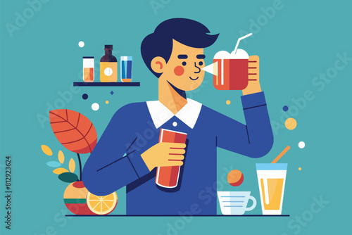 A man leisurely drinks a cold glass of beer, Drinking shots Customizable Flat Illustration