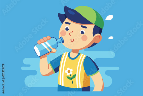 A boy drinking water from a bottle, Drinking water Customizable Cartoon Illustration