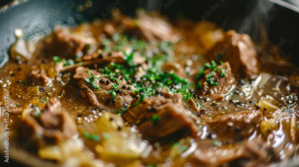 Delicious beef stroganoff with mushrooms, onions, and parsley in a skillet, perfect for recipe inspiration Delicious beef stroganoff with mushrooms, onions, and parsley in a skillet, perfect for recipe inspiration