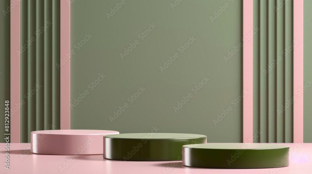 Sage Green and Pink Striped Podium, Background for Organic Beauty Products 3D Sage Green and Pink Striped Podium, Background for Organic Beauty Products 3D