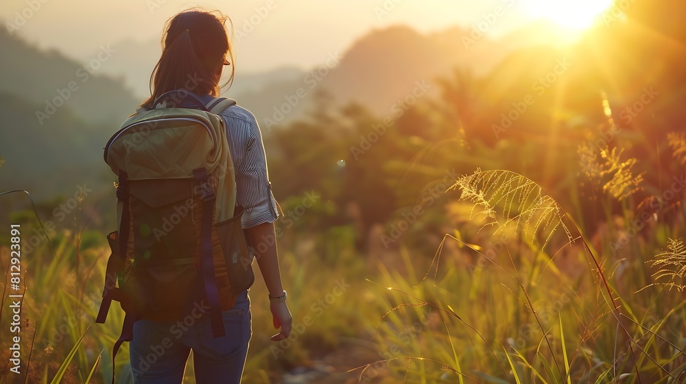 Fototapeta premium Asian girl backpack in nature during sunset Relax time on holiday concept travelselective and soft focuscolor tone of hipster style : Generative AI