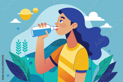 A woman is hydrating herself by drinking water from a plastic bottle, Drinking water Customizable Semi Flat Illustration
