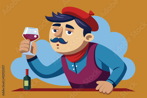 A man with a mustache holding a glass of wine in front of a simple background, Drinking wine Customizable Cartoon Illustration