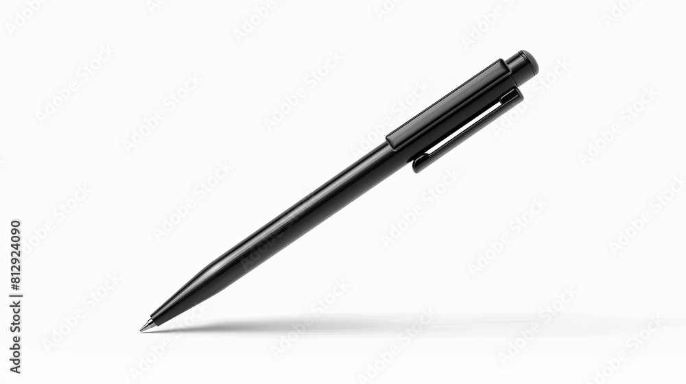 A mock-up features a black ballpoint pen with a cap in a vector illustration, presented on a white background. A mock-up features a black ballpoint pen with a cap in a vector illustration, presented on a white background.