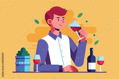 A man holding a glass of red wine, Drinking wine Customizable Semi Flat Illustration