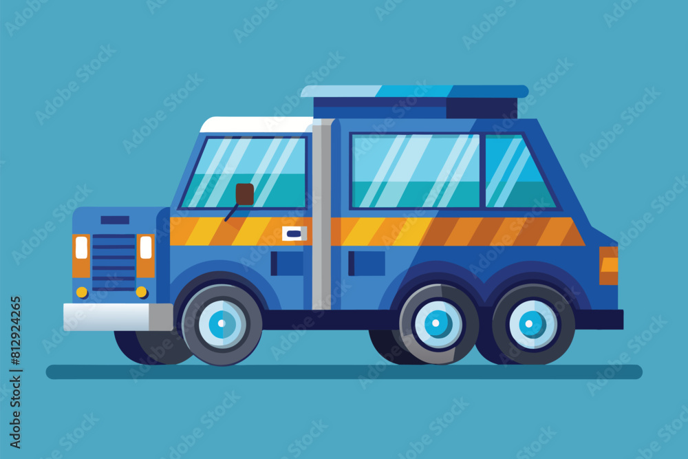 A blue truck with a yellow stripe on the side is driving on the road, Driving Customizable Semi Flat Illustration