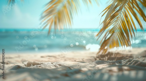 Summer exotic sandy beach with blur palms and sea on background   Generative AI