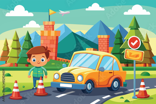 A man standing next to a yellow car on a road, Driving school Customizable Cartoon Illustration