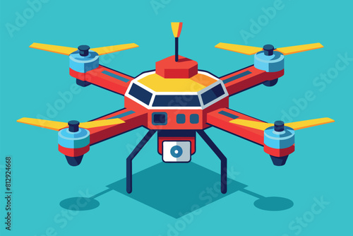 A red and yellow remote controlled helicopter is showcased against a blue background, Drone Customizable Semi Flat Illustration
