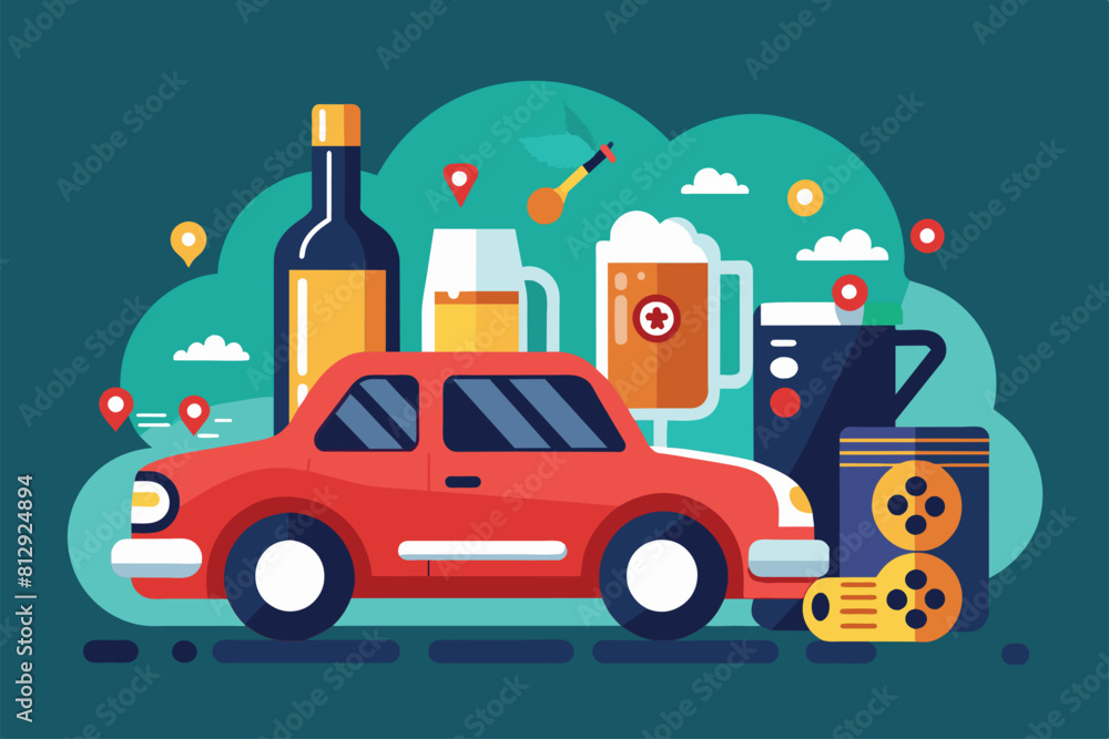 A red car parked next to a bottle of beer in a parking lot, Drunk driving Customizable Semi Flat Illustration A red car parked next to a bottle of beer in a parking lot, Drunk driving Customizable Semi Flat Illustration